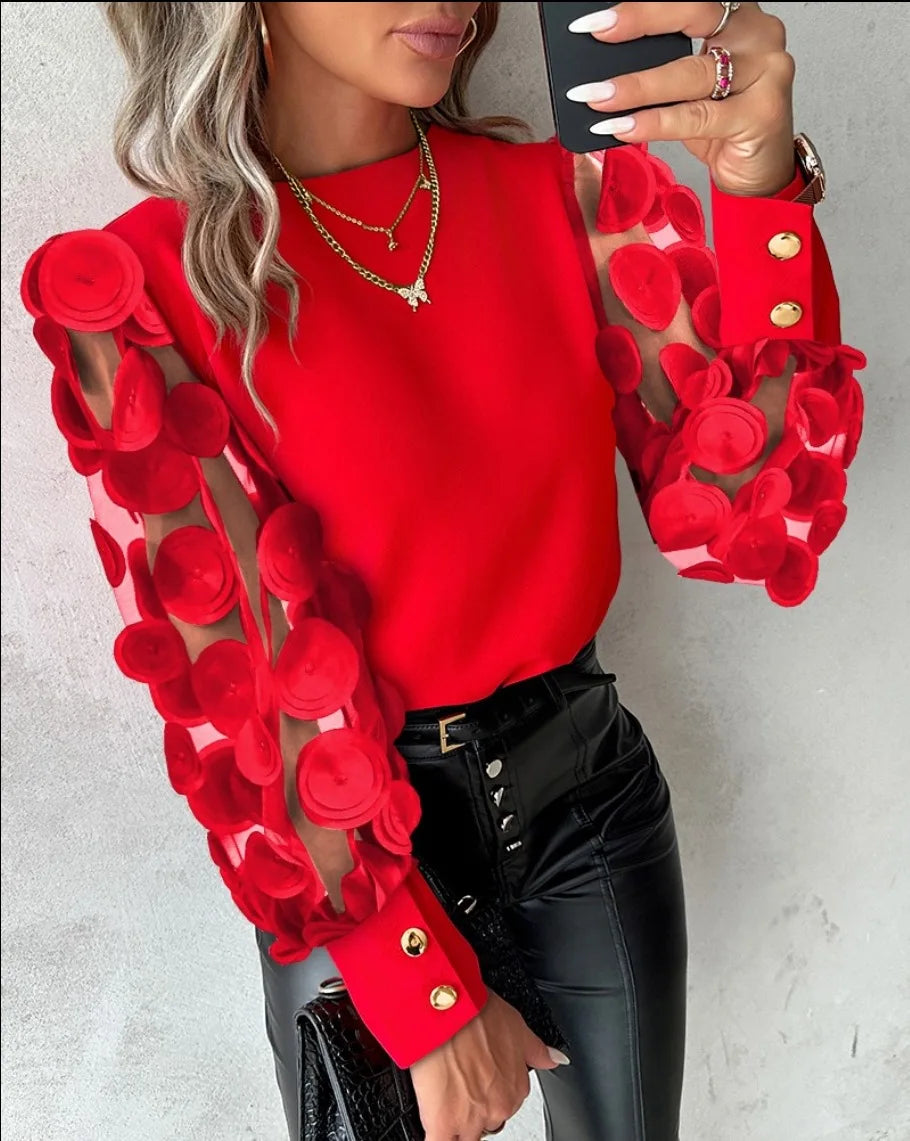 Casual Loose Shirts For Women 2024 Spring Autumn O-neck Long Sleeve Shirt Fashion Mesh Patchwork Shirt Tops Femme Black Red