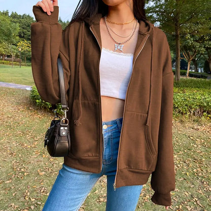 Sweatshirt Hoodie Oversize Hooded Cardigan Sweatshirts Gray Women Clothes Solid Zip Up Hoodies Autumn Women Tops Long Sleeves