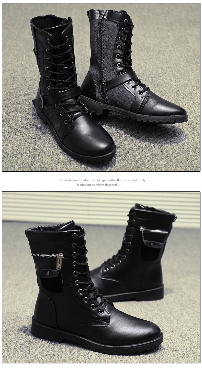 Men Boots Increasd Ankle Boots Metal Side Zipper Men's Boots British Male Motorcycle Boots Quality Mid-Carf Cotton Winter Shoes