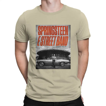 Poster T Shirt Men's 100% Cotton Novelty T-Shirts Crewneck Bruce The E Street Band Springsteen Tee Shirt Short Sleeve Tops Beige