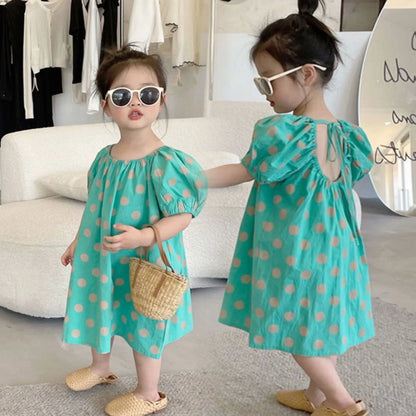 Girls Summer Girls' Backless Dress Outer Wear Children Clothing Cute Polka Dot Baby Kids Clothes Holiday Beach Dress CZ2412 Green