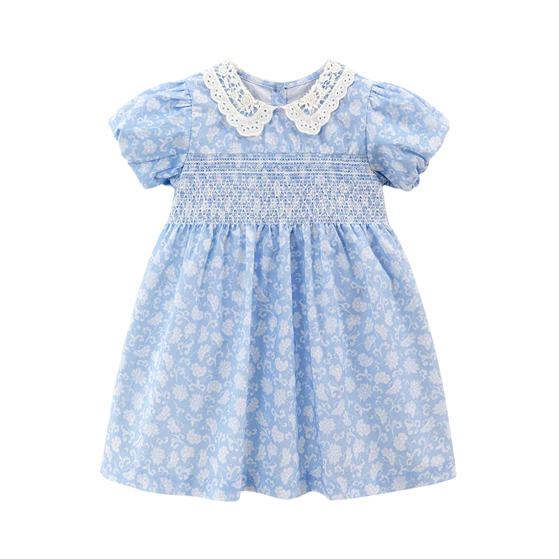 Little maven Party Dress Children's Clothing 2024 Baby Girls Blue Dresses Cartoon Flowers Summer Holiday Dresses Kids Clothes