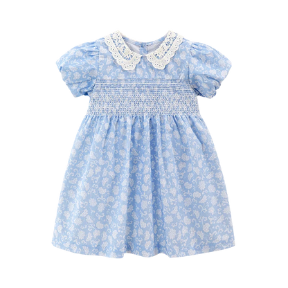 Little maven Party Dress Children's Clothing 2024 Baby Girls Blue Dresses Cartoon Flowers Summer Holiday Dresses Kids Clothes