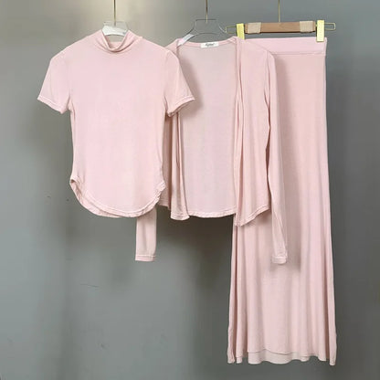 WOMENGAGA Skirts Set Pink Korea Slim Sexy Fashion Three Piece Set For Women Tight Half High Neck Short Sleeve T Shirt 70BE