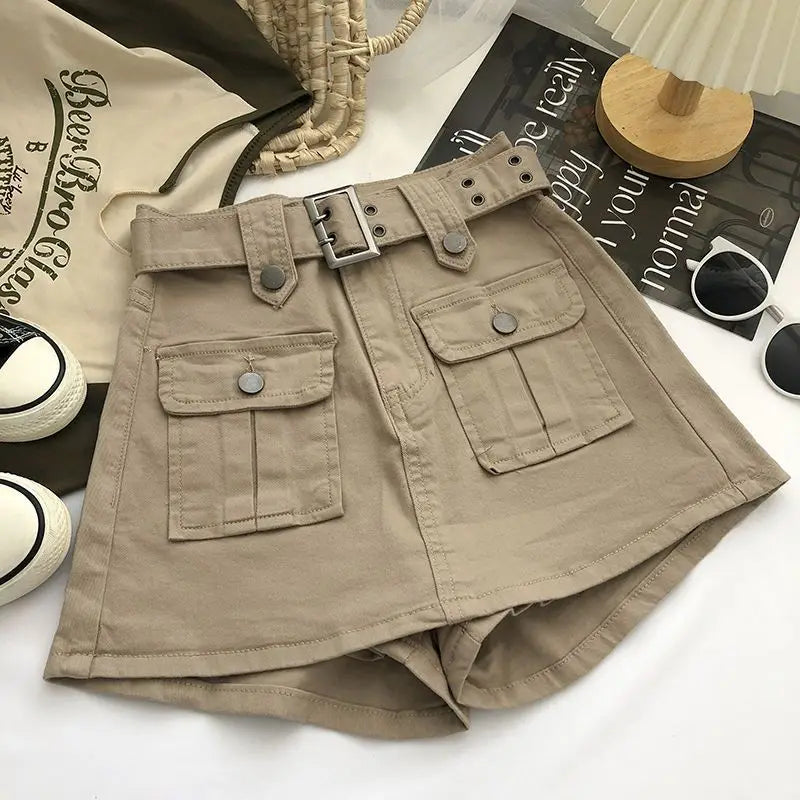 Designer Fake Two-piece Skirts Shorts Women Autumn and Winter High-waisted Y2K A-line Belt Shorts Women's Outwear Cargo Shorts