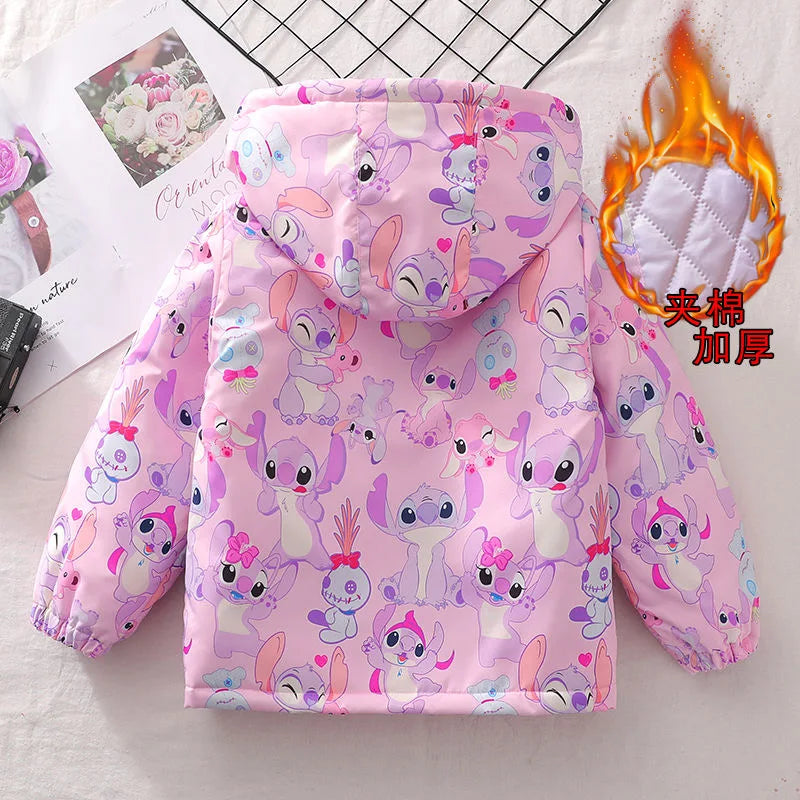 Cute Stitch Jackets For Girls Spring Children Cotton Padded Thickening Hooded Zipper Warm Outerwear Autumn Kids Casual Coats