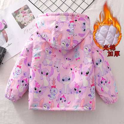 Cute Stitch Jackets For Girls Spring Children Cotton Padded Thickening Hooded Zipper Warm Outerwear Autumn Kids Casual Coats