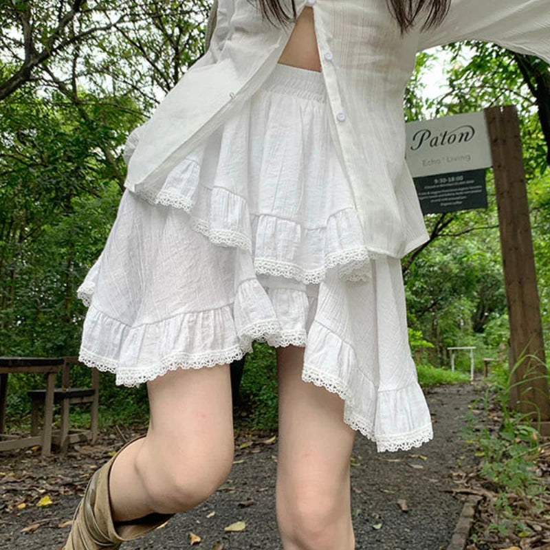 Mini Skirts Women Summer Ruffles Design Solid Sweet Fashion High Waist Lovely Korean Style All-match Girlish Tender New Simple white