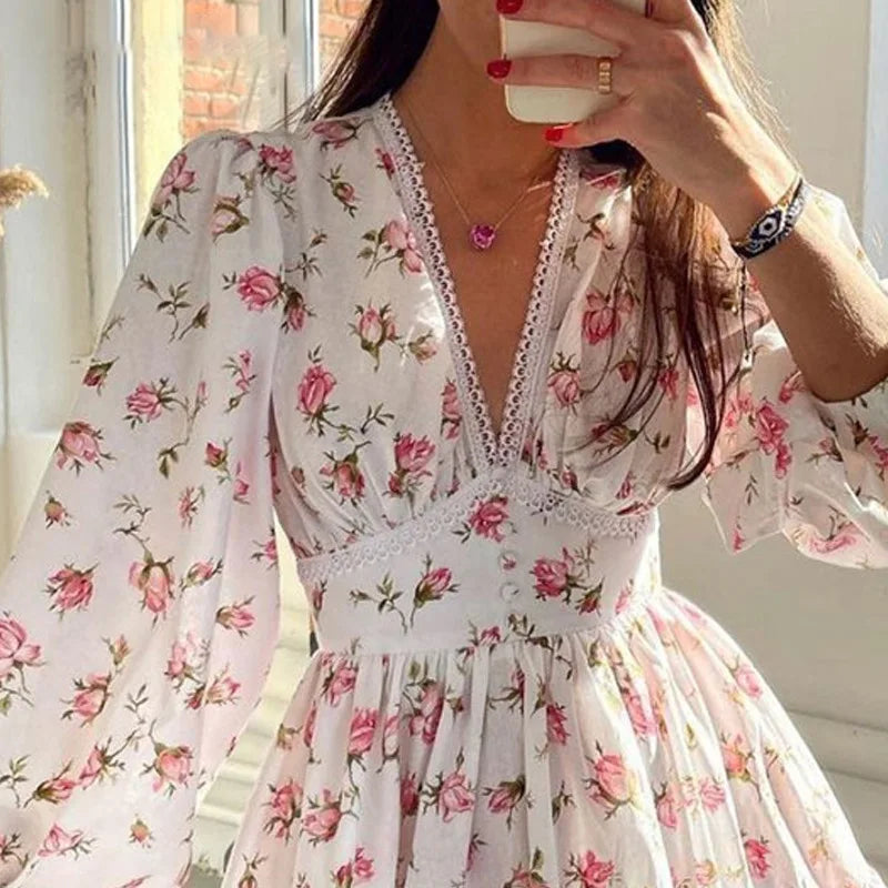 New Fashion Womens Floral Print Mini Dress Summer Long Sleeve Deep V Neck High Waist A-Line Dress Street Style Hot Sale S-XL