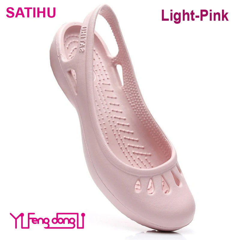 Lovely Satihu Summer New Lightweight Anti Slip Hole Shoes Clog For Women's Flat Bottom Sandals Nurse Outdoor Beach Jelly Light-Pink