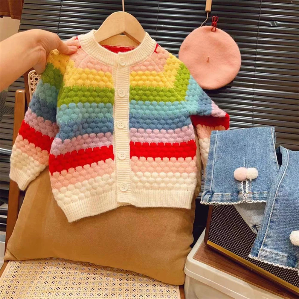 Rainbow Striped Knitted Cardigans for Kids Baby Girls Autumn Winter Long Sleeve Single-breasted Sweater Coats Children Clothes