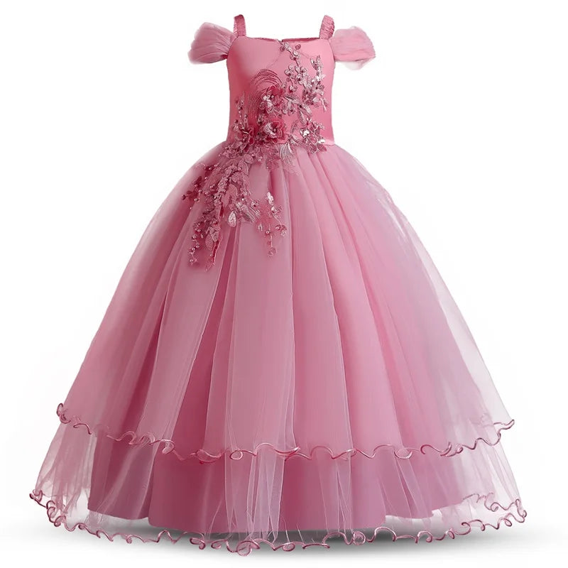 Girls Christmas Dress For Kids Wedding Evening Party Bridesmaid Long Dress Prom Gown Children Teenager New Year Princess Costume pink 02