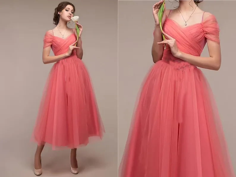 Women's Romantic Off Shoulder Ceremony Dresses Elegant Long Party Wedding Cocktail Bridesmaid Mesh Tulle Midi Wrap Gala Dress