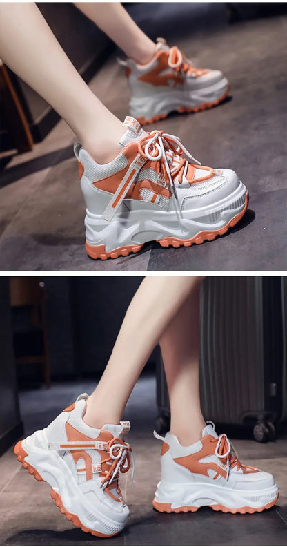 Fashion Flower Embroidered Mesh Breathable Ladies Wedge Platform Sneakers High Heels Lace-Up Shoes Comfortable Height Increasing