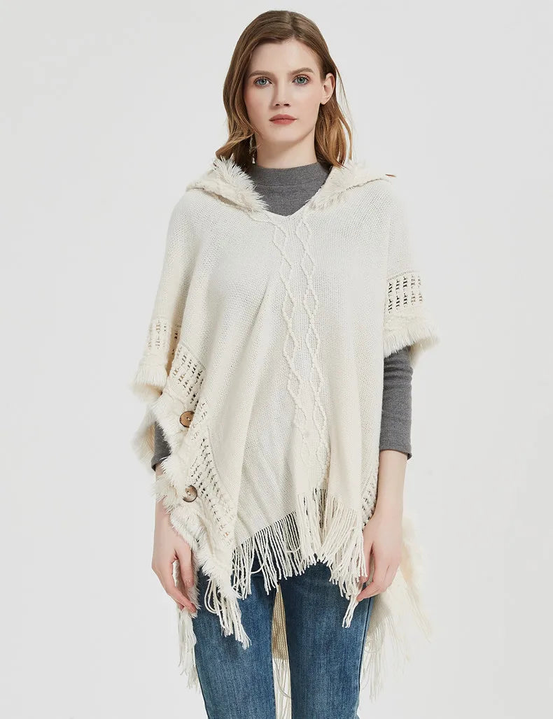 2023 Women's Hooded Shawl Warm Spring and Autumn Large Size Knit Sweater Button Hooded Cape Shawl