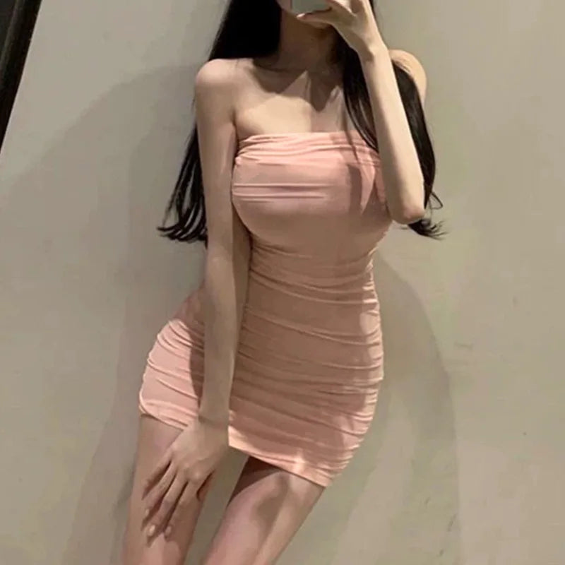 Korean Style Temperament Girl Chest Wrapping Slim Fit Sexy Off Shoulder One Line Neckline Mesh Pleated Wrapped Hip Dresses NXCQ