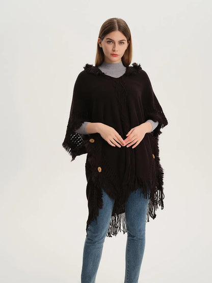 2023 Women's Hooded Shawl Warm Spring and Autumn Large Size Knit Sweater Button Hooded Cape Shawl