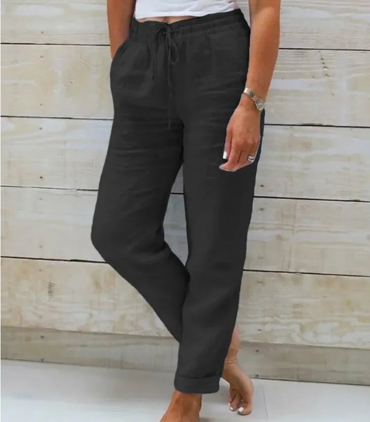 Women's High Waist Solid Color Cotton Linen Casual Pants Fashion Summer Female Holiday Casual Long Pant New 2024 black