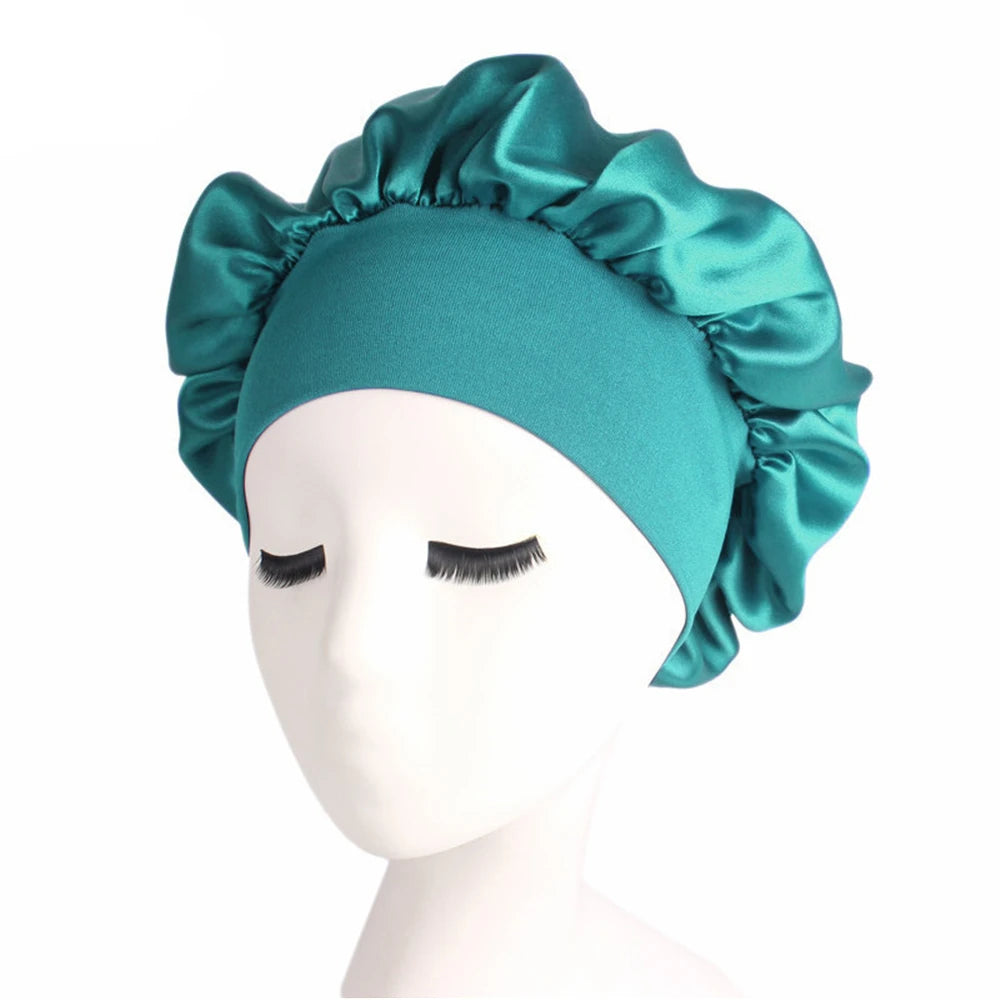 Newly Women's Satin Solid Sleeping Hat Night Hair Care Bonnet Nightcap For Women Men Unisex Cap Green