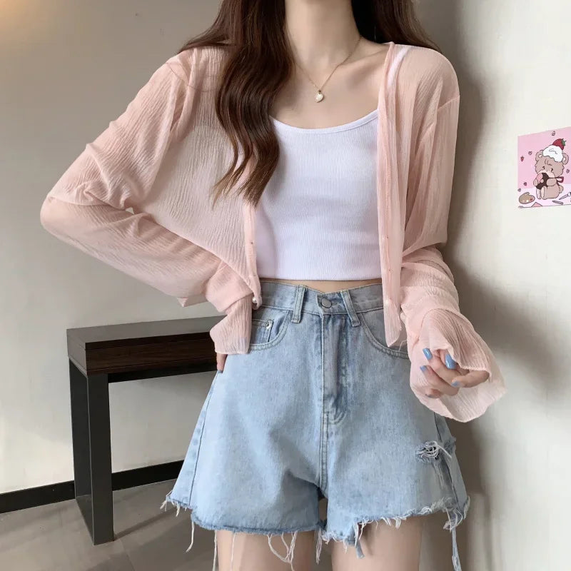 Fairy Style Solid Cardigan Women Summer New Long Sleeve Sunscreen Sweet Beading V-neck Basics Loose Chiffon Cardigan