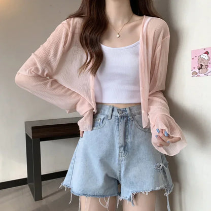 Fairy Style Solid Cardigan Women Summer New Long Sleeve Sunscreen Sweet Beading V-neck Basics Loose Chiffon Cardigan