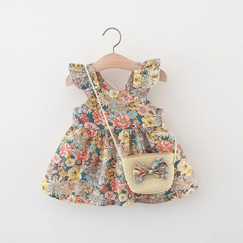 Summer Baby Girl's Dress New Vintage Garden Flower Flying Sleeve Dress with Straw Bag Yellow