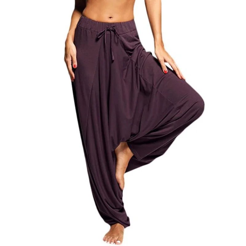 Harem Pants Womens Casual Hippy Loose Trousers Baggy Drop-crotch Solid Color Wide Leg Elastic Waist Fashion Mujer Pantalones New Purple