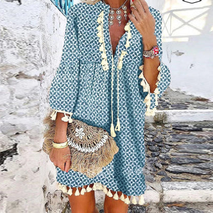 Women Vintage Print V Neck Tassel Mini Dress Casual Loose Three Quarter Sleeve Beach Dress 2024 Spring Summer Party Dress Femme 15