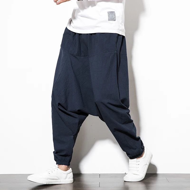 2023 Spring oversize casual pants men streetwear cotton linen harajuku joggers fashion baggy harem pants for man A13 Navy CHINA