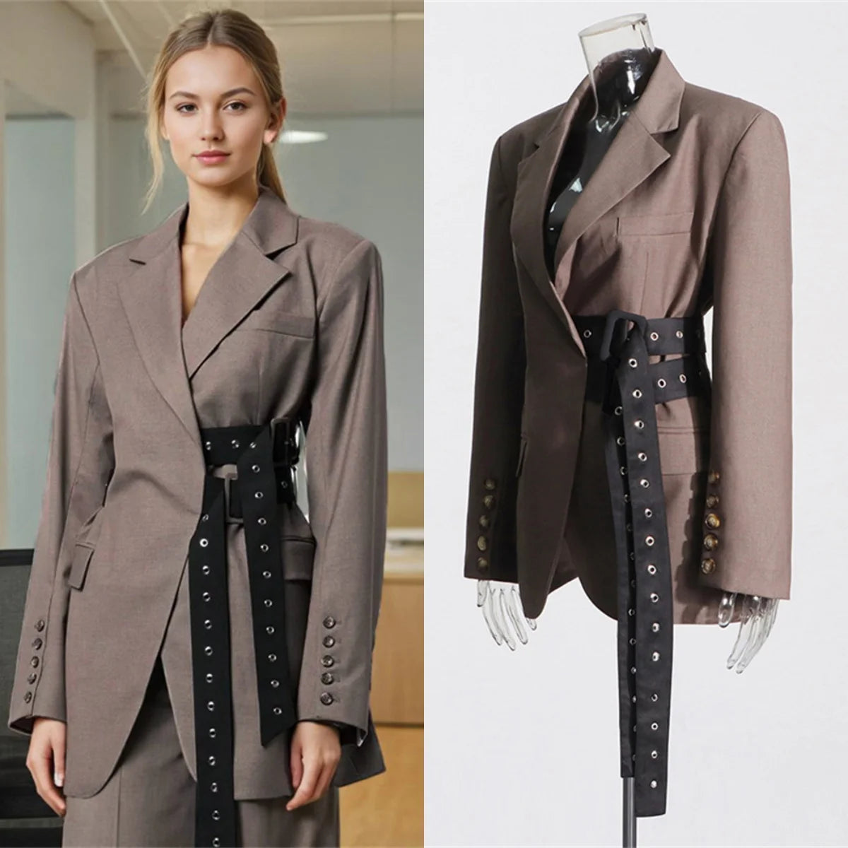 High Street Women's Suit Jacket, Fashionable Belt Notched Jacket for Women, Regular Fit Autumn Outfit