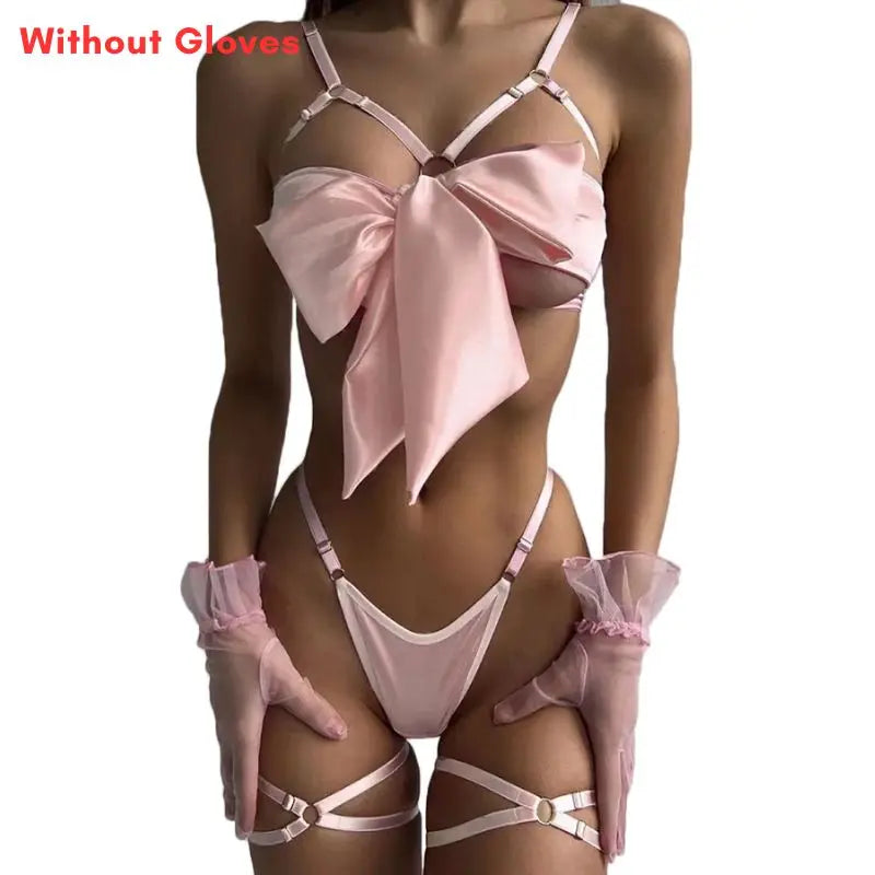 Satin Bow Sexy Lingerie Set Women Hollow Erotic Intimates Bra Sets 3pcs Solid Color Porn Bra Briefs With Leg Rings Sex Underwear Pink