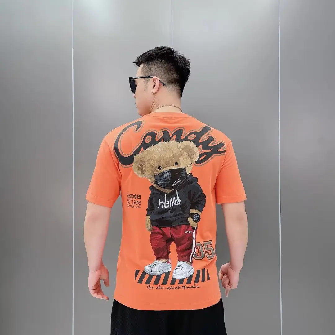 Summer Men's T Shirt Japan Fashion Harajuku Print Half Sleeves Tops Tees Men Streetwear Trend Men Clothing Cotton T Shirts Men Orange