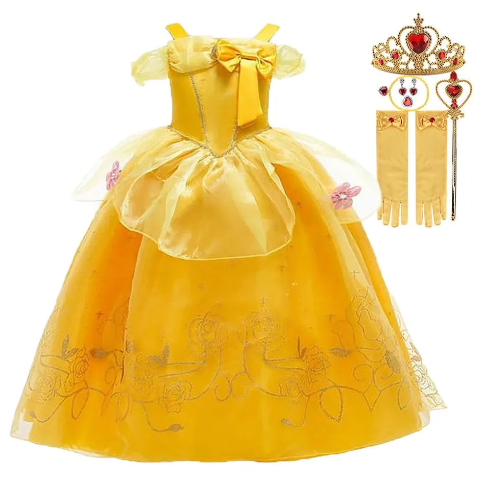 Girls Dress Belle Costume Kids Halloween Carvinal Fancy Cosplay Belle Clothes Children Wedding Party Flower Printing Dress 3-10Y