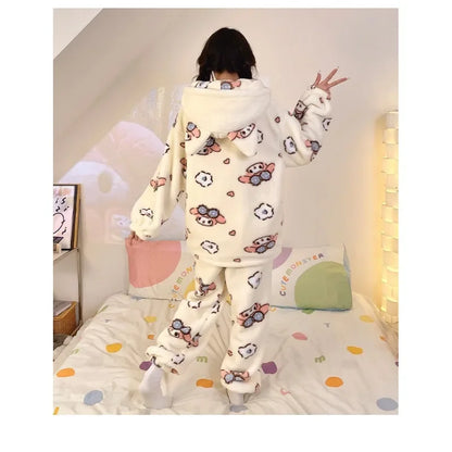 Sanrio Cartoon Hello Kitty Pajamas Female Flannel autumn Winter New Plus Thicken Velvet Sweet Keep Warm Pajamas set leisure wear