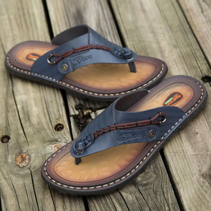 2023 Summer Handmade Leather Slippers Trendy Fashion Men's Flip-flops Outdoor Breathable Comfortable Men and Simple Sandals Blue