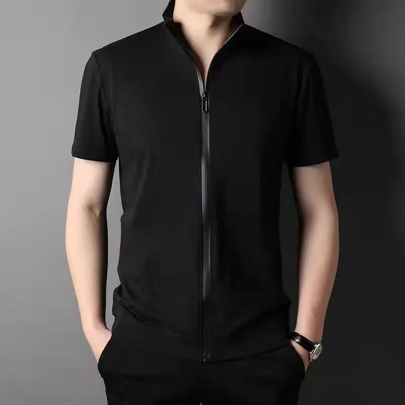 Cute 2023 Men Summer Trend Stand Collar Zipper Cardigan Shirts Solid Short Sleeve Comfortable Business Casual Top Ropa Hombre Camisas Black