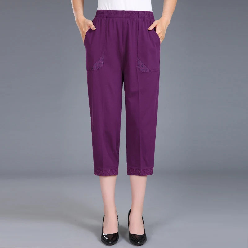 Women Capris Pants Female Women's Summer Breeches 2022 High Waist Cropped Pants Woman Candy Color Straight Calf-Length Pant purple