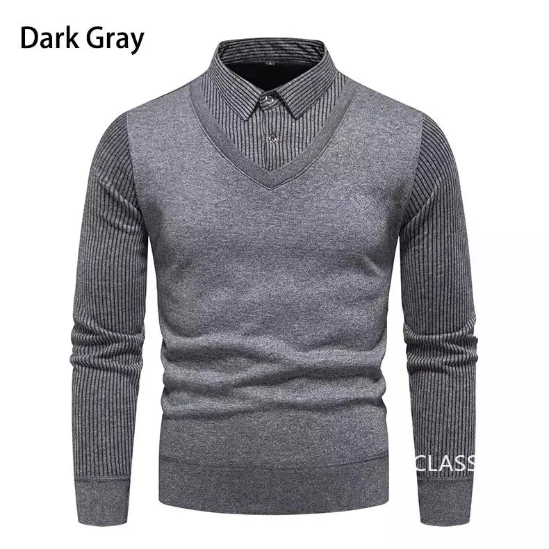 Men Twinset Sweaters Outwear Casual Pullovers Shirts Good Quality Male Winter Warm Fake Two Pieces Sweaters Sweatercoats 4XL