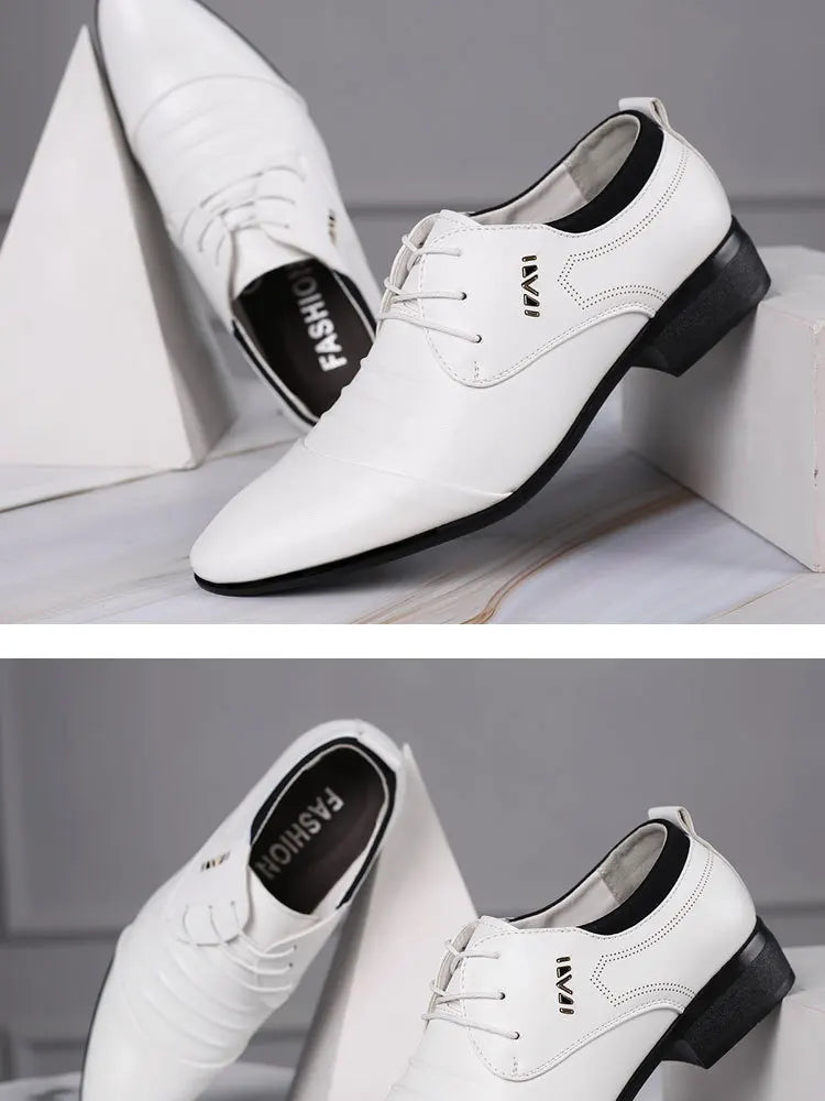 Classic Men Dress Shoes Lace-up White Leather Shoes for Man Plus Size Point Toe Business Casual Men's Formal Shoes for Wedding