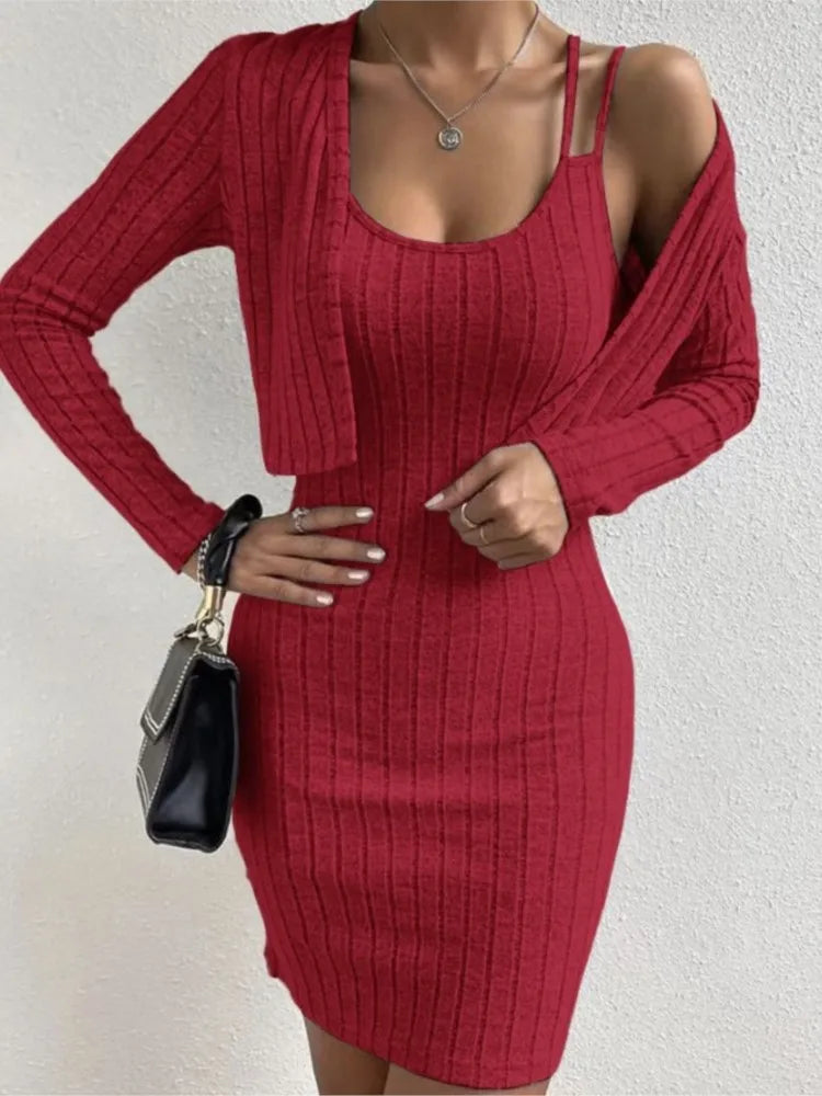 Fashion Women Slim Mini Dress 2 Piece Sets Autumn Ribbed Double Strap Bodycon Sleeveless Vest Dress  Long Sleeve Cardigan Set