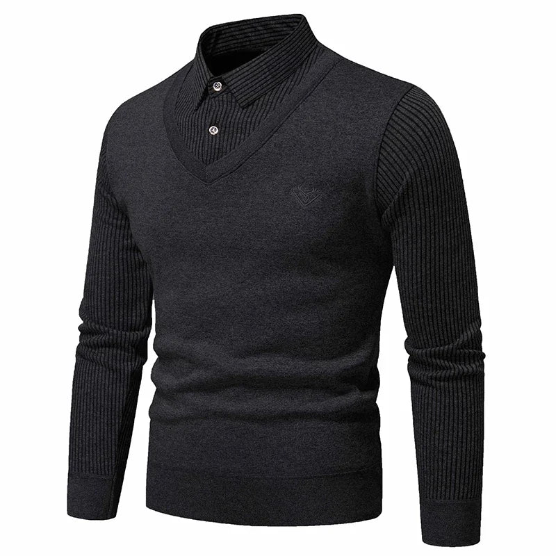 Men Twinset Sweaters Outwear Casual Pullovers Shirts Good Quality Male Winter Warm Fake Two Pieces Sweaters Sweatercoats 4XL