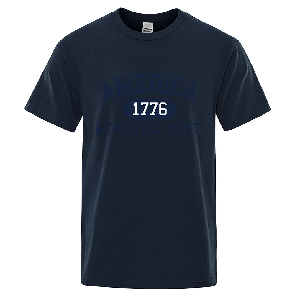 America 1776 Athletic Dept Letter Tshirt Man Fashion Tee Clothes Summer Luxury T-Shirt Hip Hop Breathable Cotton Tee Clothes Dark Blue