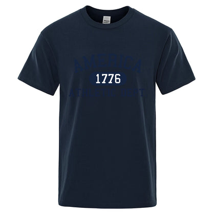 America 1776 Athletic Dept Letter Tshirt Man Fashion Tee Clothes Summer Luxury T-Shirt Hip Hop Breathable Cotton Tee Clothes Dark Blue