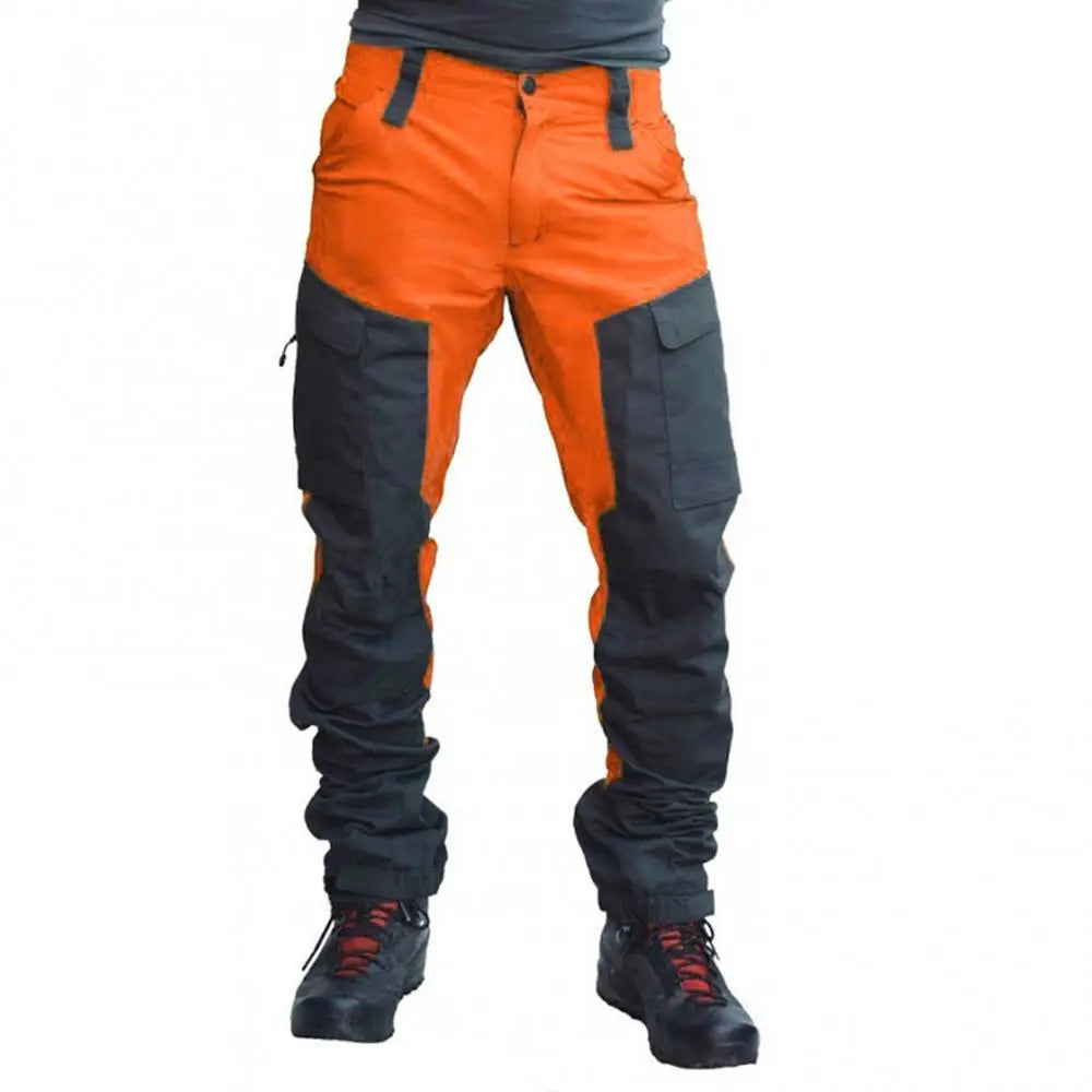 Nylon Men Cargo Pants Color Block Multi Pockets Sports Pants Work Trousers Outdoor Hiking Trekking Army Tactical Joggers Pants Orange