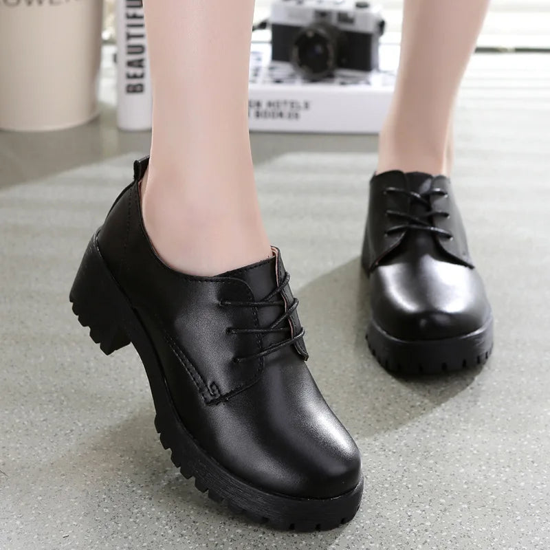 Spring\winter British Style Split Leather Women Square Heel Flat Platform Shoes Woman Lace-up Oxford Shoes for Women