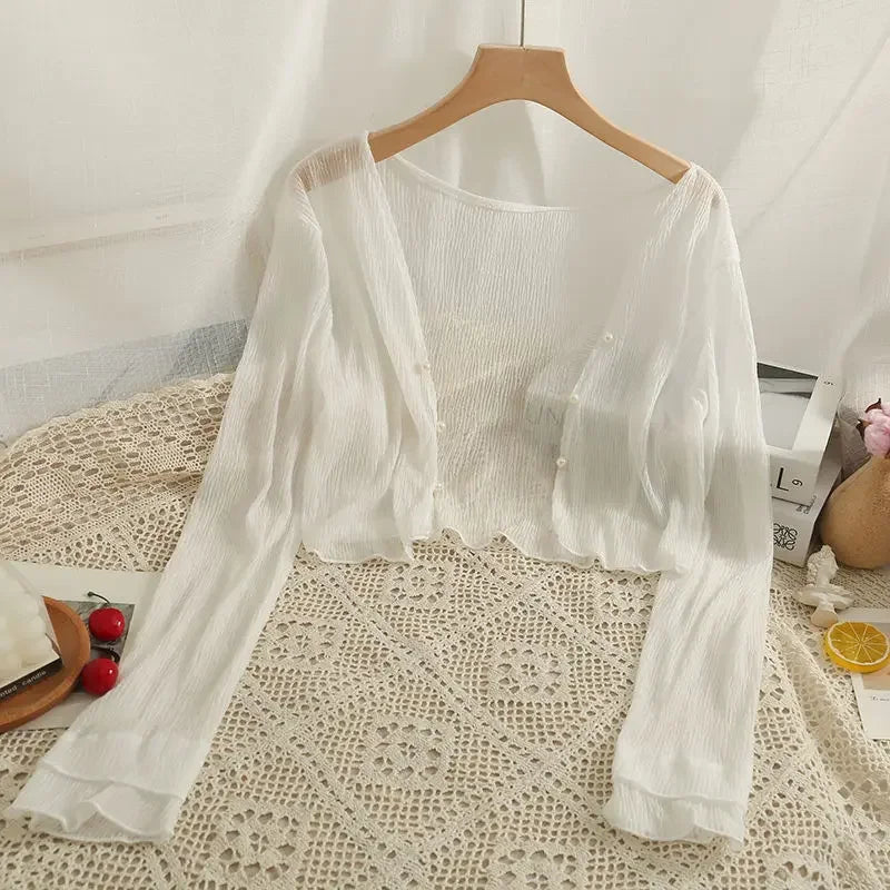 Fairy Style Solid Cardigan Women Summer New Long Sleeve Sunscreen Sweet Beading V-neck Basics Loose Chiffon Cardigan WHITE 40-72kg CHINA