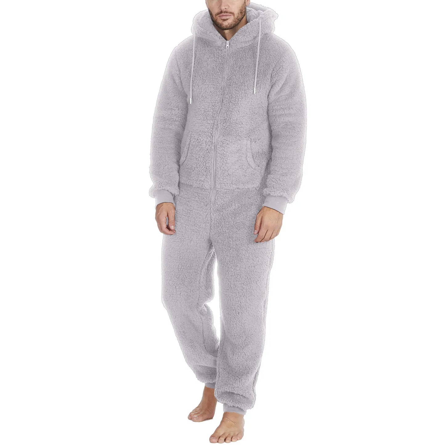 Winter Men Artificial Wool Jumpsuit Pajamas Fleece Warm Men Drawstring Bodysuit Sleepwear Solid Color Zipper Loose Hooded