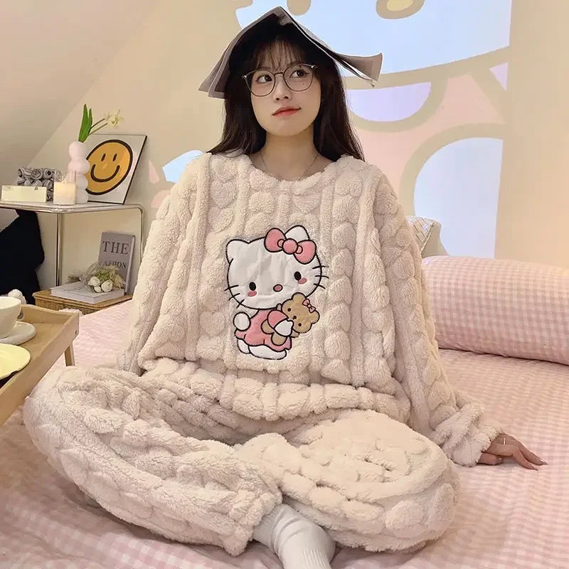 Kawaii Hello Kitty 2Pcs Plush Pajama Set Sanrioed Pochacco Cartoon Anime Winter Women Homewear Winter Thicken Girls Keep Warm