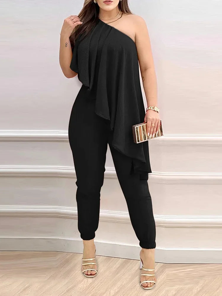 Sexy One Shoulder Jumpsuits Woman 2023 Summer New Fashion Asymmetrical Ruffles Plain Sleeveless Print Long Jumpsuit Clothing Black