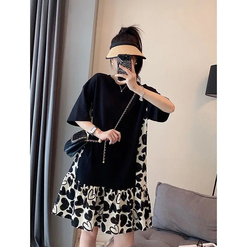 Solid Color Thin Summer Casual Loose Dresses Korean Simplicity O-neck Short Sleeve Fashion Pleated Patchwork Women's Clothing